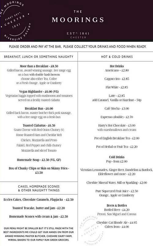 Chestertourist.com - The Moorings Cafe Menu The Groves Chester